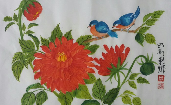 Dahlias and Kentucky Bluebirds